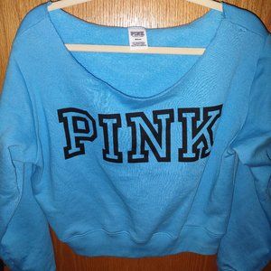 Women's Victorias Secret PINK Cropped Off Shoulder Sweatshirt Turquoise Blue Med